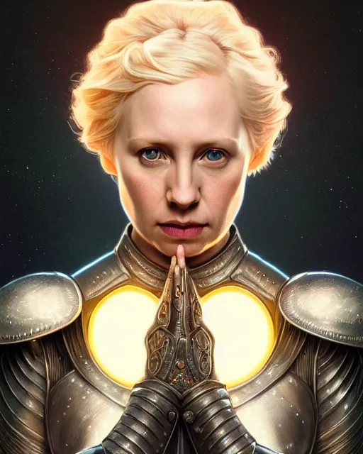 Image similar to symmetry portrait of brienne of tarth, fantasy, silver armor, glowing lights intricate, elegant, highly detailed, digital painting, artstation, concept art, smooth, sharp focus, illustration, art by artgerm and greg rutkowski and alphonse mucha