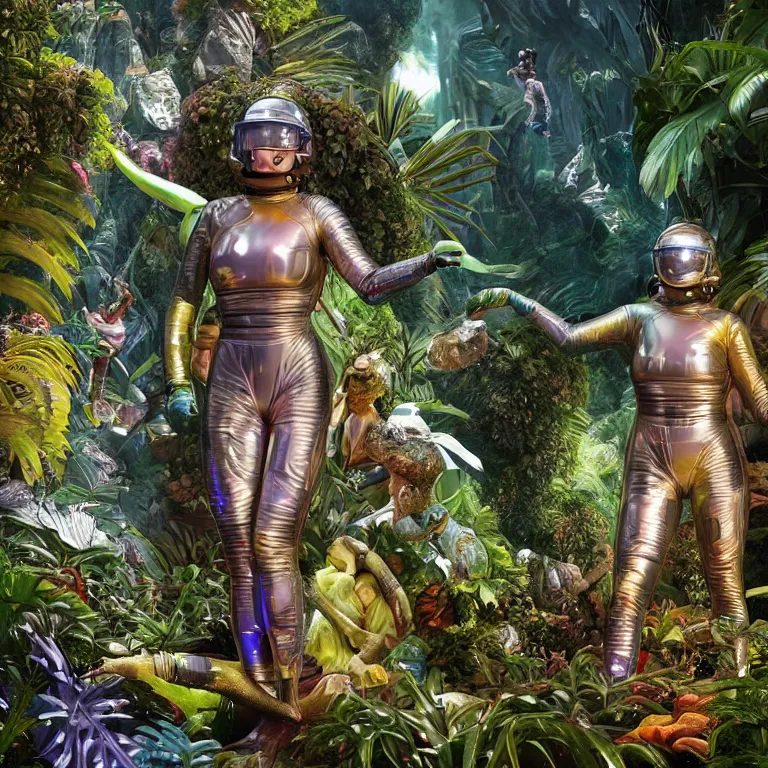 Prompt: octane render portrait by wayne barlow and carlo crivelli and glenn fabry, focus on a woman wearing a clear iridescent plastic spacesuit with intricate iridescent metal helmet, surrounded in colorful tropical alien flora in front of a giant rocky cave opening, cinema 4 d, ray traced lighting, very short depth of field, bokeh