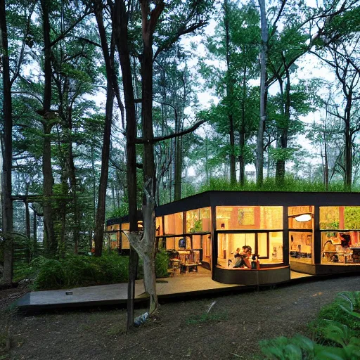 Prompt: a modern cafe in a magical forest,