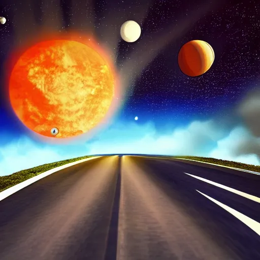 Image similar to 1960s car on a road in space driving towards a planet, trending on art station