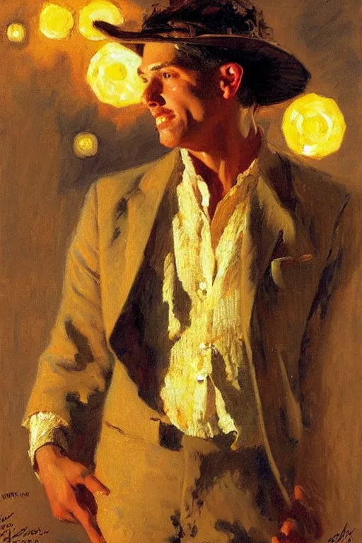 Image similar to attractive male playing pinao, starry night, painting by gaston bussiere, craig mullins, j. c. leyendecker