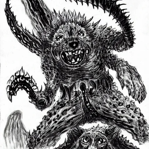 Prompt: corgi demon monster with many eyes, drawn by kentaro miura, manga in the style of berserk