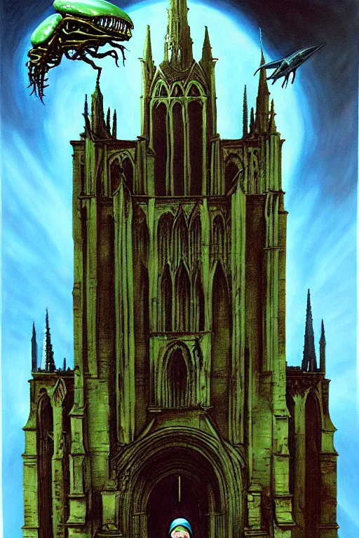 Image similar to a hyperrealistic painting of a flying biopunk alien monstrosity eating a cathedral, by chris cunningham and richard corben, highly detailed, vivid color,