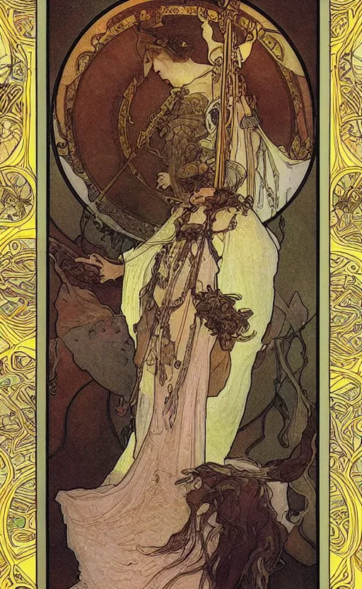 Image similar to the chariot, tarot, beautiful border, by alfons maria mucha, highly detailded