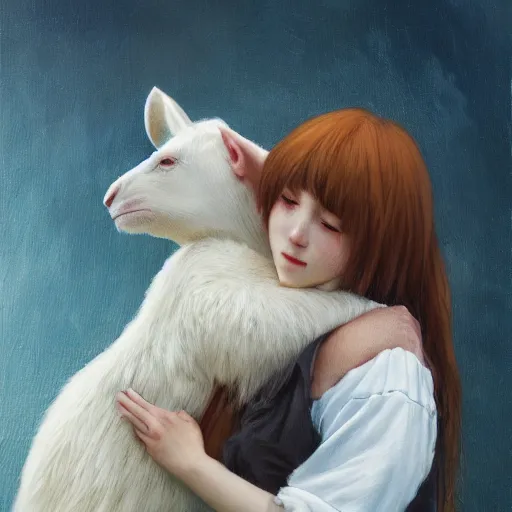 Image similar to a person hugging a large white animal, a detailed painting by krenz cushart, pixiv contest winner, fantasy art, official art, detailed painting, pixiv. highly detailed. 4 k masterpiece. photo realistic. realism. photorealism wideshot