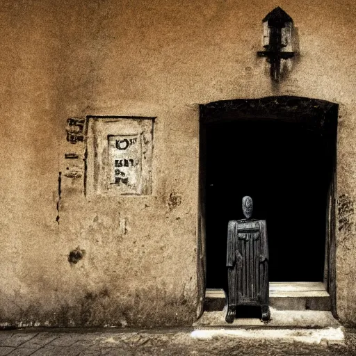 Prompt: a dark figure sitting in front of a door holding a key