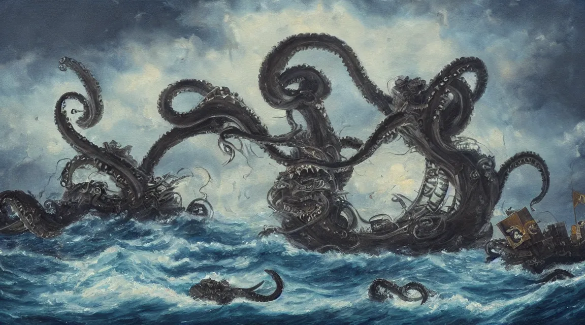 Image similar to oil painting of a kraken attacking a pirate ship
