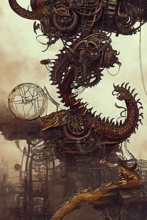 Image similar to illustration, old sick gold and crimsoned scaled asian style dragon on a steam punk plank of machinery with wires and gears and steam punk apparatus, matte painting, style of studio ghibli, featured in artstation and artgerm and pixiv, award winning, cinematic, intricate, 8 k