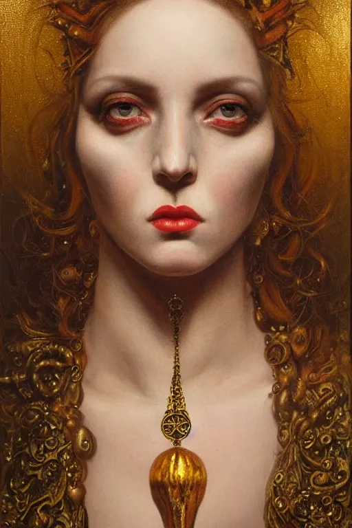 Prompt: hyper realistic painting portrait of the lady of punk, occult diagram, elaborate details, detailed face, intrincate ornaments, gold decoration, occult art, oil painting, art noveau, in the style of roberto ferri, gustav moreau, jean delville, bussiere, andrew gonzalez