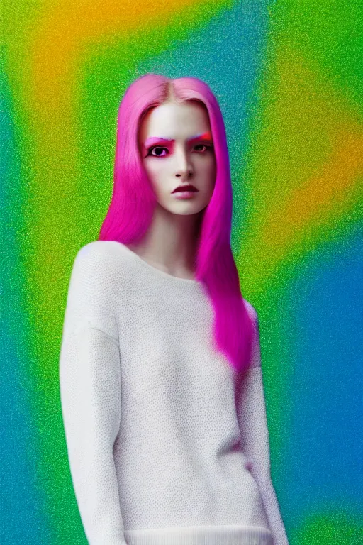 Image similar to stylish pullover for a rave bright colors, many details, photo for a magazine, photo for a store, fashion photography, Vogue, cinematic, hyper realism, high detail, 8k, very coherent symmetrical work, perfect face model, full length photo, Upper and lower body, white eyes, photographer style by Nik Night Erik Madigan Hec and Walter Chin and Camilla Akrans and Miles Aldridge