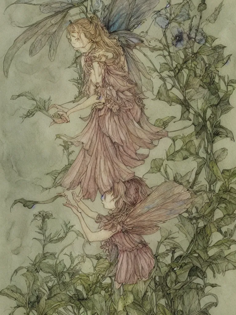 Image similar to annotated study of a flower fairy, illustration, watercolor, alan lee, detailed, pretty, ethereal,