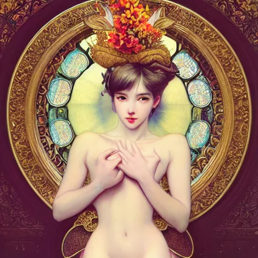 Image similar to a masterpiece ultrarealistic ultradetailed portrait of beautiful girl in bunny costume sprinkling champagne baroque renaissance. medium shot, intricate, elegant, by stanley artgerm lau, wlop, alphonse mucha, rossdraws, andrei riabovitchev, yoshitaka amano. flower background my james jeand and takashi murakami.