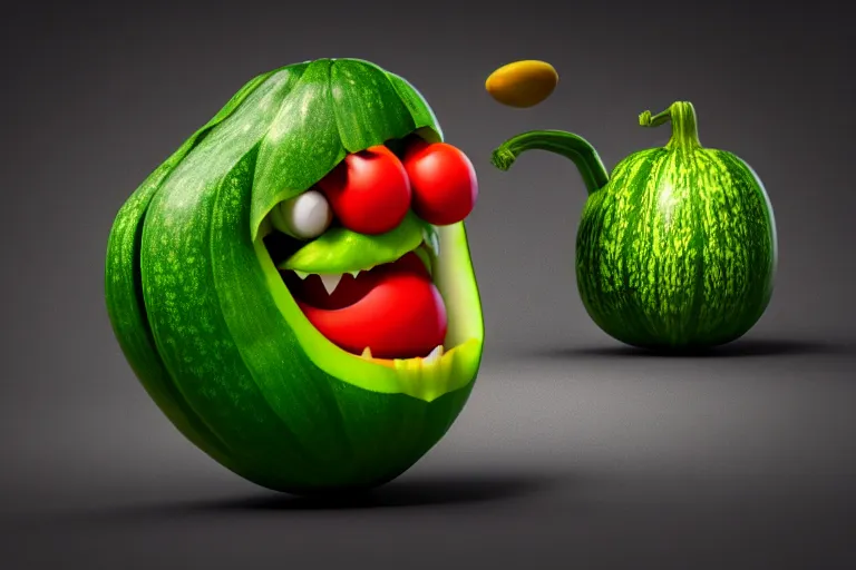 Image similar to detailed 3 d render of a mad zucchini with a long sword chasing after a panicking tomato, hyper realistic octane render, dramatic lighting, high speed chase, wide angle, nightmare, adult pixar surrealism