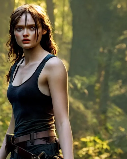 Image similar to bella heathcote as lara croft, golden hour, cinematic