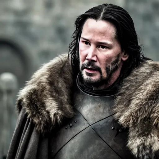 Prompt: keanu reeves in game of thrones, 4 k, epic, cinematic, focus, movie still, fantasy, serious, extreme detail, atmospheric, dark colour, sharp focus