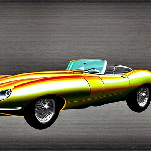 Prompt: a retro sci fi digital illustration of a jaguar e - type series 1 roadster