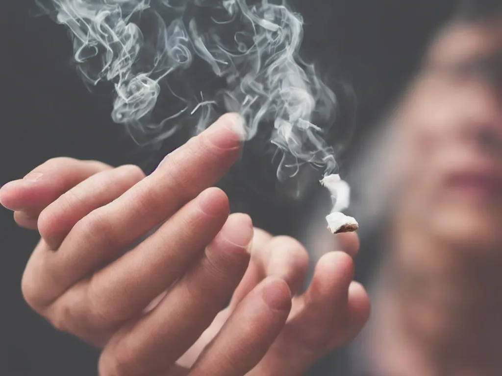 Prompt: Close-up view of hyperrealistic thin soft hand holding cigarette with smoke, hyper realistic photo