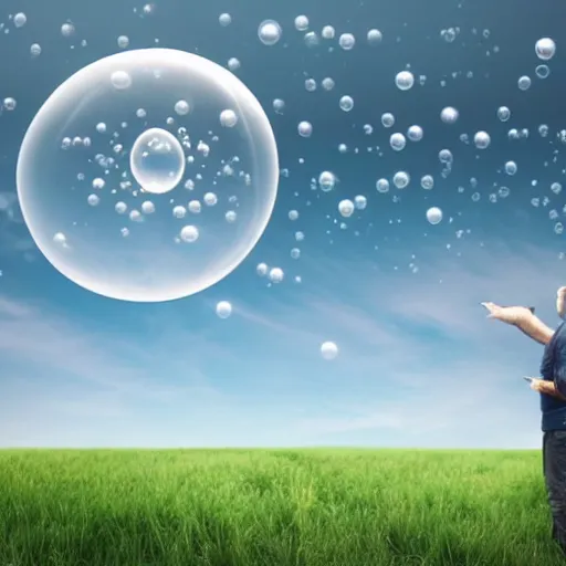 Image similar to a man in a field looking at multiverse bubbles in the sky