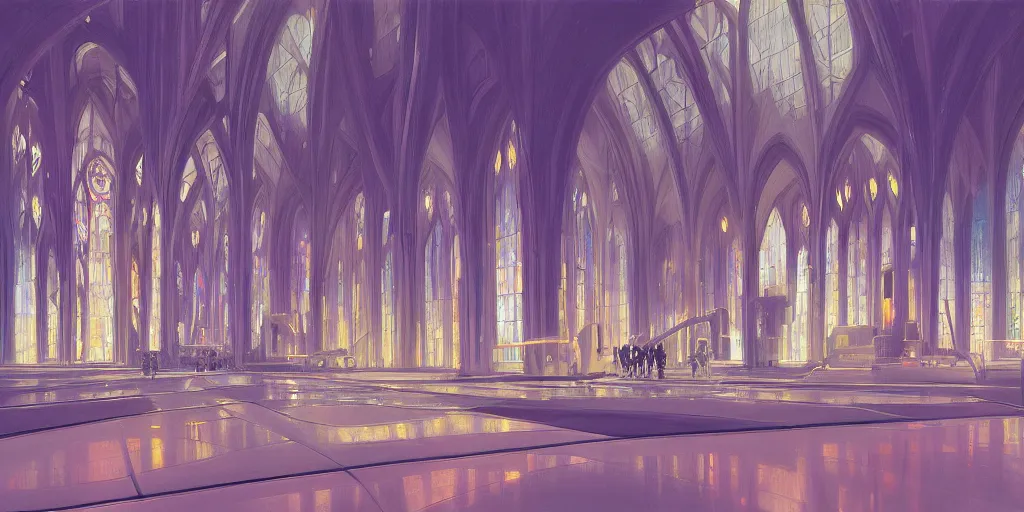 Prompt: a futuristic cathedral interior with holograms all over, ralph maquarrie and syd mead cinematic painting, 4 k