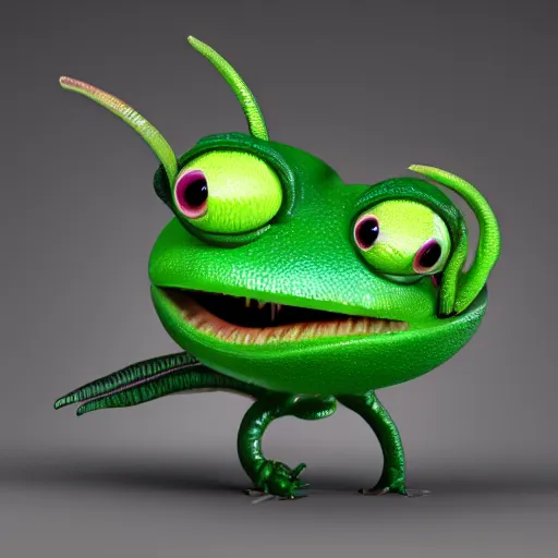 Prompt: cute anthropomorphic alien caterpillar creature with many legs and big eyes detailed character concept 3 d pixar style render 4 k