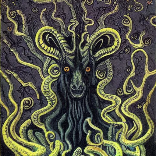 Image similar to the black goat of the woods with a thousand young. lovecraft shub - niggurath cthulhu oil painting predominantly black contrasts