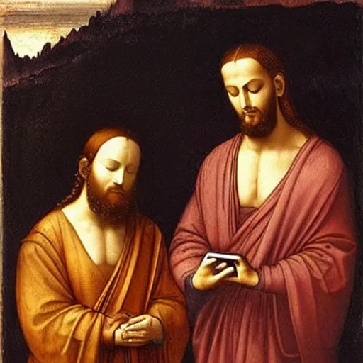 Image similar to jesus and Buddha using iPhones, painting by Leonardo Da Vinci