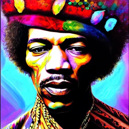 Prompt: An extremely psychedelic portrait of Jimi Hendrix wearing a crown, surreal, LSD, face, detailed, intricate, elegant, lithe, highly detailed, digital painting, artstation, concept art, smooth, sharp focus, illustration