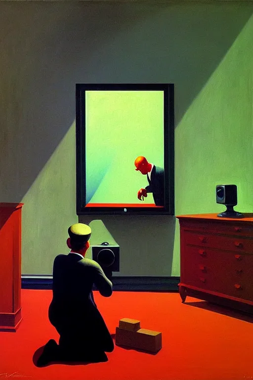 Image similar to a big eye in the television watching a man working, edward hopper and james gilleard zdzislaw beksisnski higly detailed