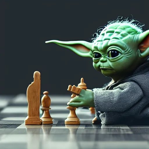 Prompt: real vintage photo, baby yoda playing chess with the terminator, detailed, hyper realistic, 4 k octan render, unreal 5