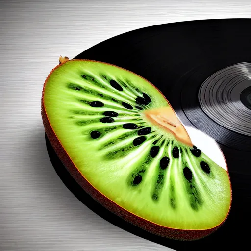 Image similar to vinyl turntable vinyl record in shape of huge kiwi fruit, 4 k, digital art, unreal render, hyperrealistic textures