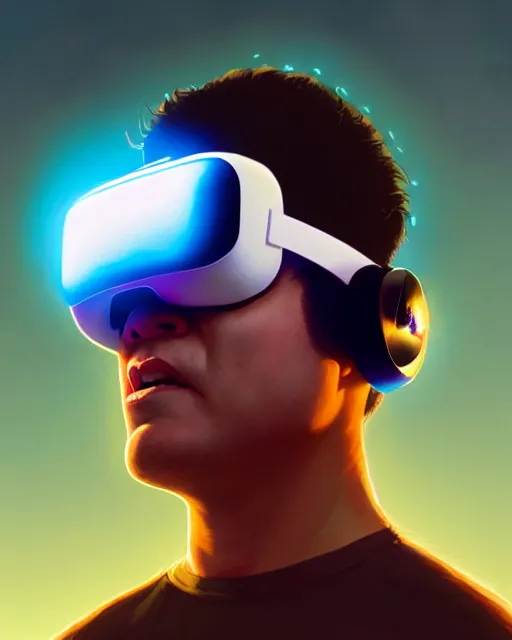 Image similar to highly detailed vfx portrait of, big wrestler wearing a vr headset, stephen bliss, unrealengine, greg rutkowski, loish, rhads, beeple, makoto shinkai and lois van baarle, ilya kuvshinov, rossdraws, tom bagshaw,