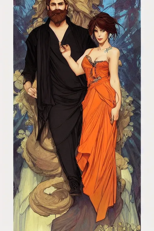 Image similar to bearded young man in orange t - shirt fastens beautiful black dress of his spouse before going to exquisite gala art by artgerm and greg rutkowski and charlie bowater and magali villeneuve and alphonse mucha