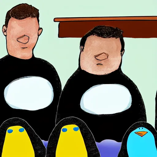 Image similar to mark Zuckerberg found guilty by jury of penguins