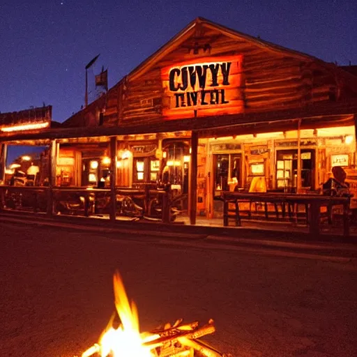 Prompt: cowboy western tavern at night, well lit, campfire