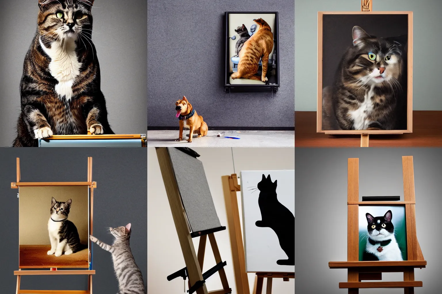 Prompt: a photo of a cat painting an easel, a canvas is on the easel with an image of a dog, easel, canon 5 d, shot by platon