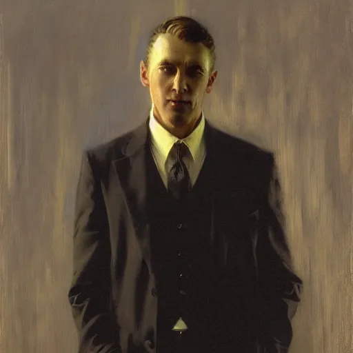 Image similar to detailed portrait of man in black suit, spring light, painting by gaston bussiere, craig mullins, j. c. leyendecker