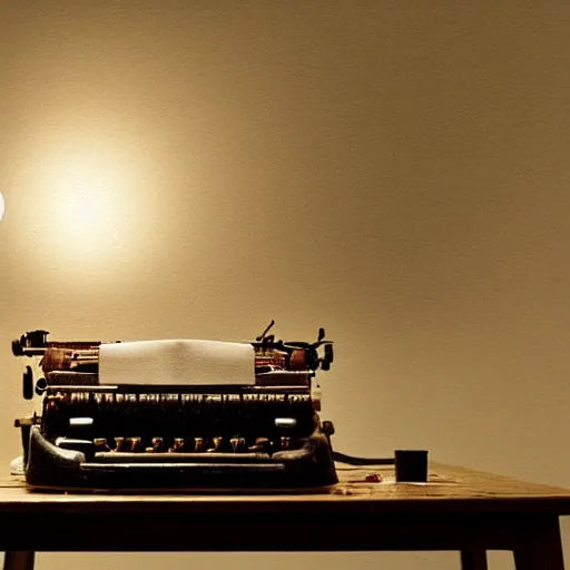 Image similar to painting of a typewriter on a desk in a dimly lit room, volumetric lighting, style of greg rutkowski