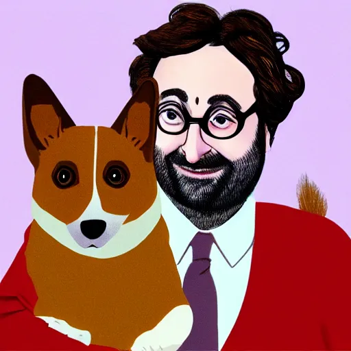 Image similar to Eric Wareheim with a corgi, hyperealism, golden hour