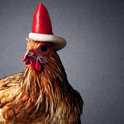 Prompt: A realistic photo of a chicken with a hat