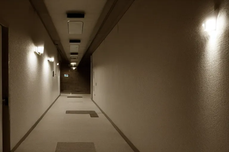 Image similar to a photo, five and a half minute hallway, at night, strange angles, lots of corridors