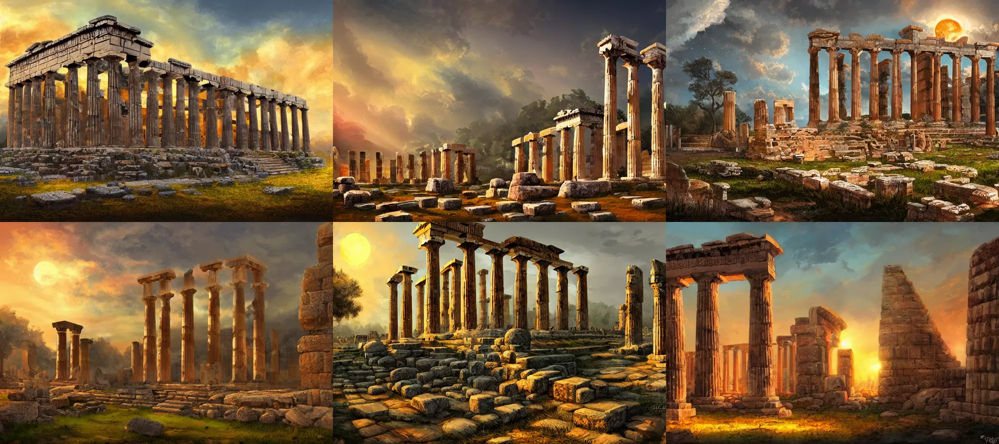 Prompt: ancient greek ruins, digital painting, concept art, fantasy, colourful, night, golden hour