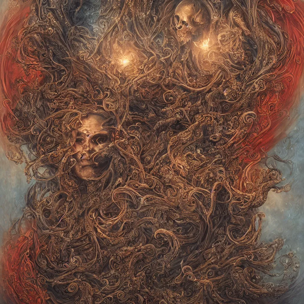 Image similar to A beautiful detailed orixa, tarot card, by tomasz alen kopera and Justin Gerard, symmetrical features, ominous, magical realism, texture, intricate, ornate, royally decorated, skull, skeleton, whirling smoke, embers, red adornements, red torn fabric, radiant colors, fantasy, trending on artstation, volumetric lighting, micro details, 3d sculpture, ray tracing, 8k, anaglyph effect