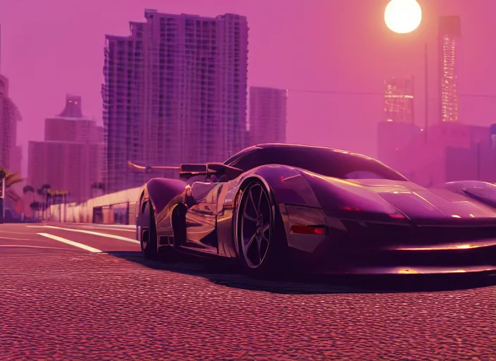 Image similar to still next - gen ps 5 game grand theft auto 6 2 0 2 4 remaster, graphics mods, rain, red sunset, people, rtx reflections, gta vi, miami, palms and miami buildings, photorealistic screenshot, unreal engine, 4 k, 5 0 mm bokeh, close - up concept sport car!, gta vice city remastered, artstation