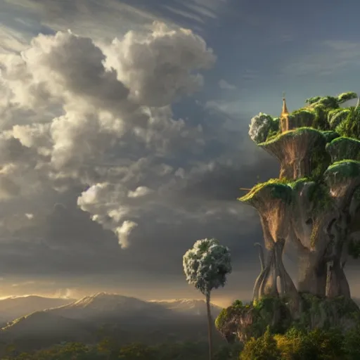 Image similar to a castle of clouds in the sky full of animals jumping through the clouds and partying all day, and growing invented plants that do not exist in nature, ray tracing