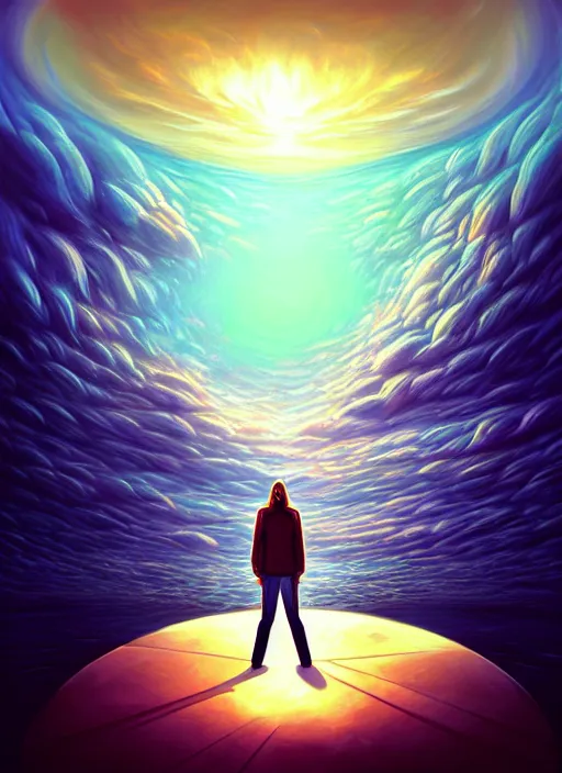 Image similar to a person standing in front of a large circular object, an album cover by cyril rolando, deviantart, magic realism, photoillustration, apocalypse art, matte drawing