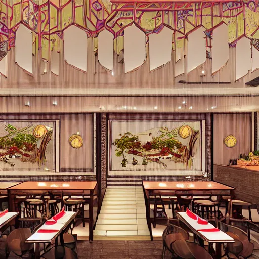 Image similar to a beautiful hyperdetailed interior 4 k hd wallpaper illustration of roasted string hotpot restaurant restaurant yan'an, corner, simple style, wall painting, from china, with merchant logo, fine delicate structure, surrealistic, chinese style, victo ngai