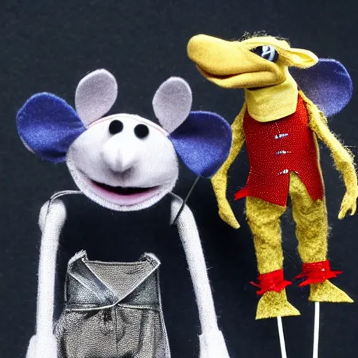 Image similar to a mouse wearing a shining suit of armor wielding a sewing needle, puppet, stop motion, in the style of the muppets