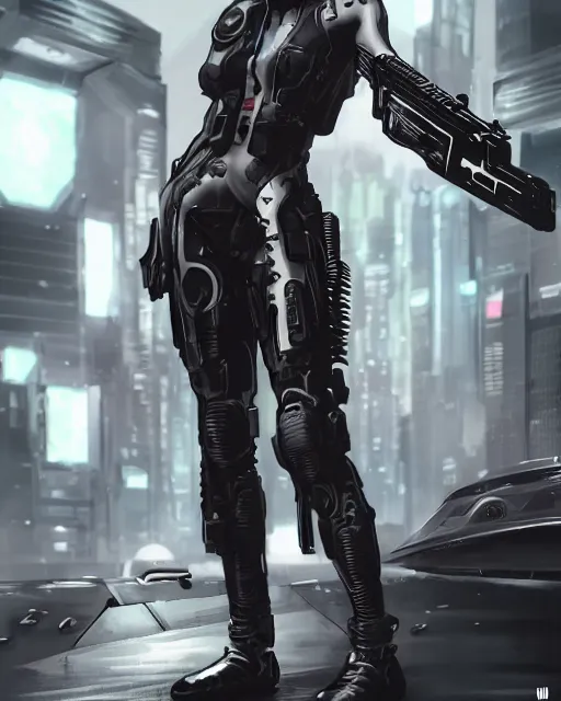 Prompt: a woman in a futuristic suit holding a gun, cyberpunk art by ross tran and by maciej kuciara and by aleksi briclot, cgsociety, cobra, dystopian art, sci - fi, artstation hd