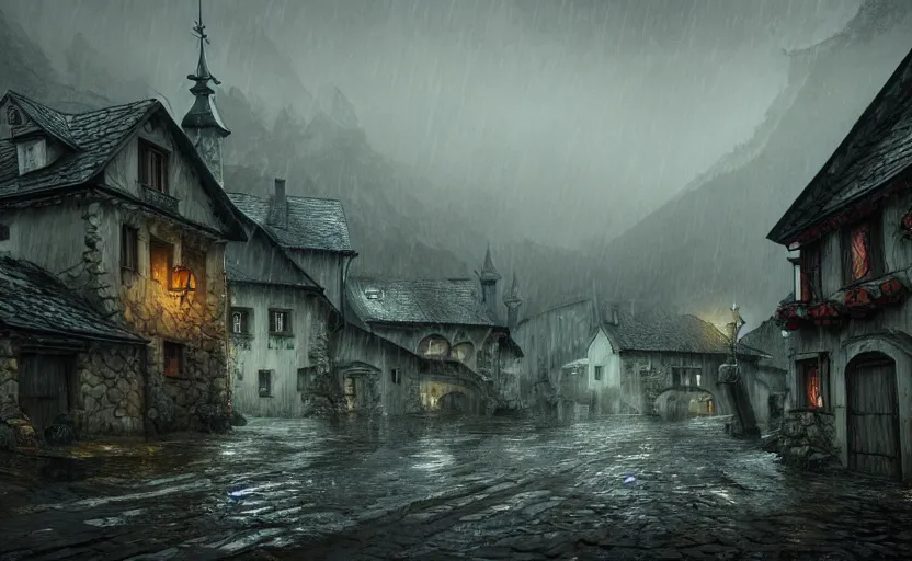 Image similar to extreme long shot concept art depicted rainy old austrian village, high details, dramatic mood, deep environment, art by legends of runeterra and tomasz jedruszek and gabor szikszai, trending on artstation, unreal engine, 8 k, 4 k