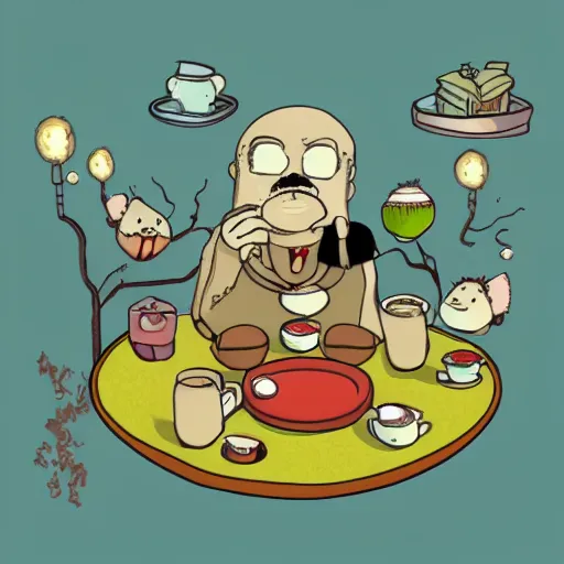 Image similar to tiny imaginary creatures having a tea party inside a human's beard. anime. in a style of hayao miyazaki.